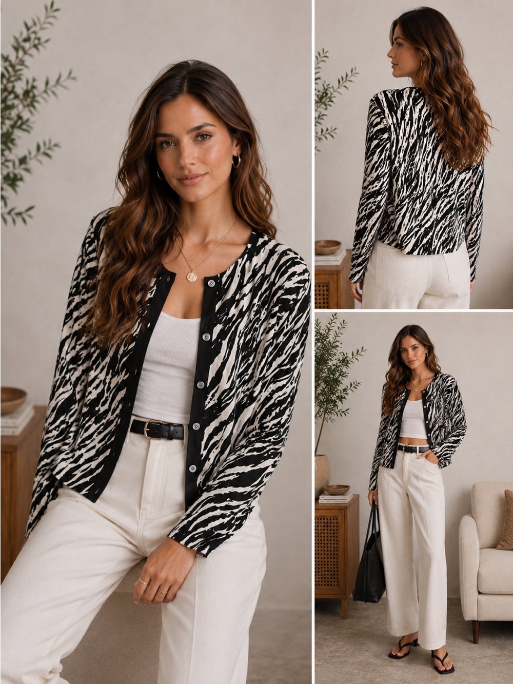 Vintage Knit Cardigan Animal print black brown white Large Petite - Picture 2 of 6